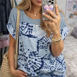 Bellambra Made in Italy Blue Tie-Dye Linen Top Size Small
